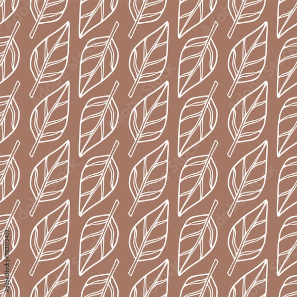 Fototapeta Seamless pattern of hand drawn elegant tree leaves white on coffee-brown background. 