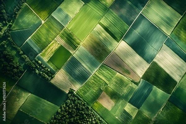 Fototapeta Aerial View of a Patchwork of Green Fields