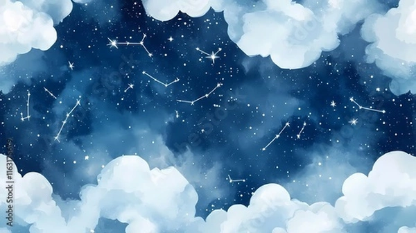 Obraz Pattern with watercolor clouds in shades of blue, stars, and constellations