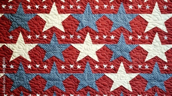 Obraz Red, white, and blue houndstooth quilt with star pattern on a red background, creating a patriotic design