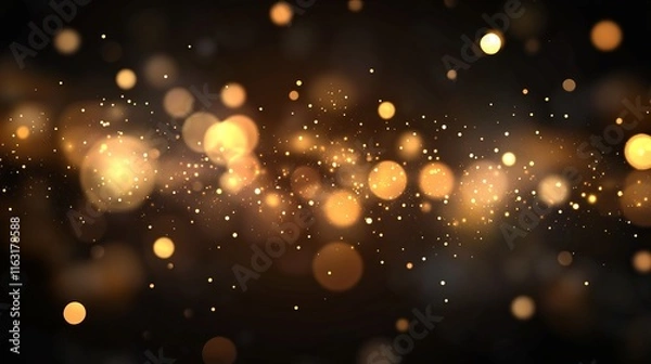 Fototapeta Dark abstract background with gold bokeh sparkles and glowing light