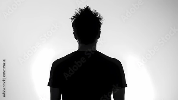 Obraz Silhouette of a man in a black t-shirt on a white background, shown from behind with his head turned to the side, an upper body portrait in black and white