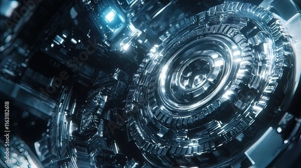 Fototapeta Futuristic metallic machine gears and circuits.