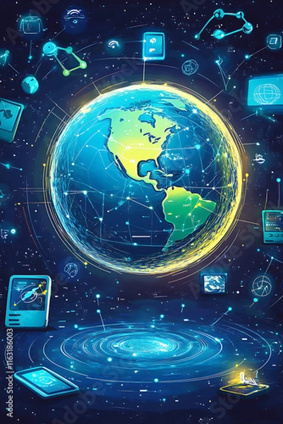 Fototapeta A digital representation of Earth connected by technology and data networks.