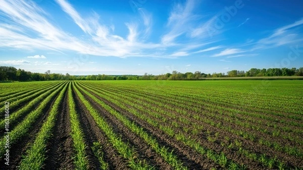 Fototapeta Serene Spring Field: Rows of Young Crops Under a Blue Sky