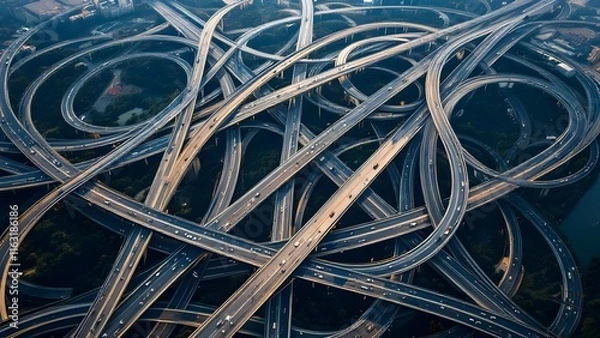 Obraz Aerial View of Complex Urban Highway Interchange Network System. Generative AI
