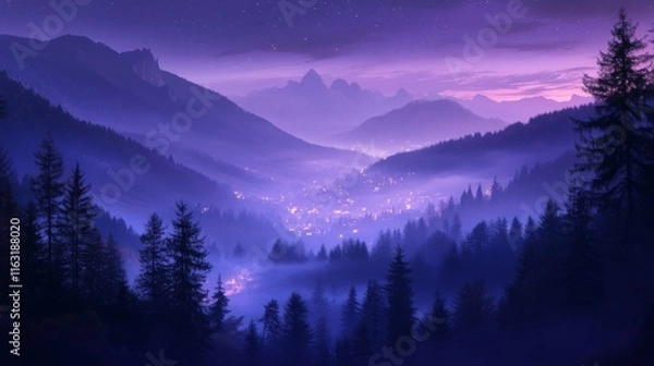 Fototapeta 20.Enchanting view of Dolomite mountains cloaked in low-hanging fog under a twilight sky; distant city lights glow softly in the valley, while purple hues fade into starlit darkness above the rugged