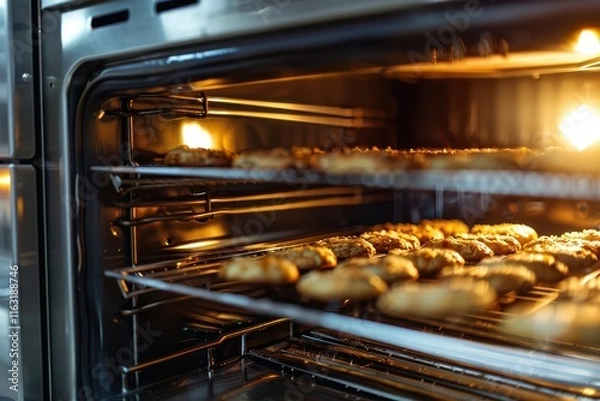 Fototapeta Freshly baked pastries filling the oven with warmth and delicious aromas during early morning hours at a bustling bakery