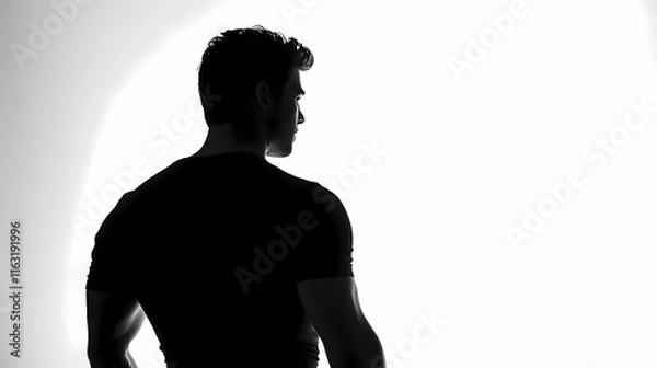 Obraz Silhouette of a man in a black t-shirt on a white background, looking away from the camera with his head turned to the side, back view, in black and white photography