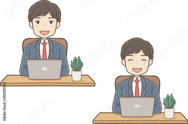 Fototapeta パソコン前で笑顔のスーツ男性　表情2種