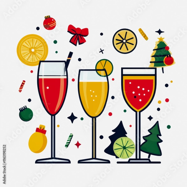 Fototapeta Holiday party flat icon featuring two glasses of wine with fruit and vegetables in a festive celebration setting