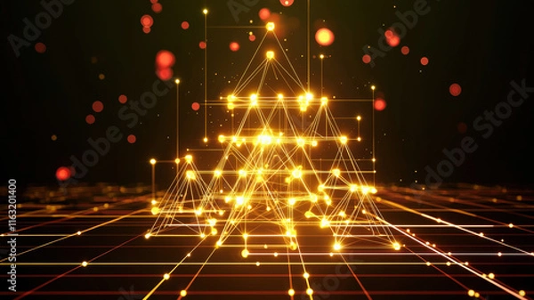 Fototapeta A creative hierarchy chart with glowing nodes and radiant connecting lines, dynamically hovering above a sleek grid background.