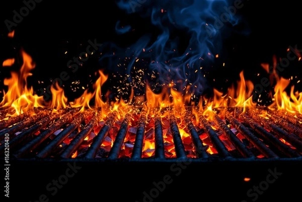 Fototapeta Burning flames and glowing coals under grill bars, creating a vivid and warm ambiance against a dark background. Concept of barbecue cooking. Ai generative