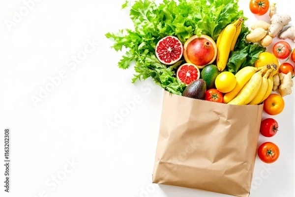 Fototapeta Fresh produce like bananas, lettuce, tomatoes, and pomegranate in a brown paper bag with a white background. Concept of healthy eating and sustainability. Ai generative