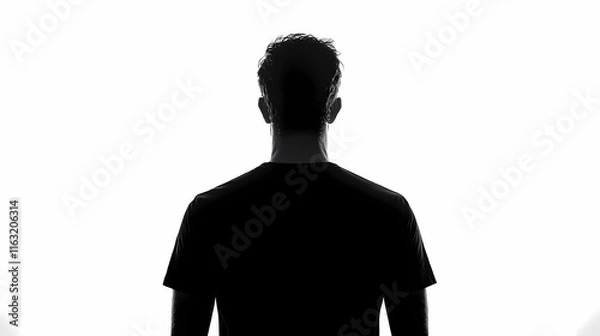 Obraz Silhouette of a man in a black t-shirt on a white background, minimalist silhouette portrait from the back, black and white