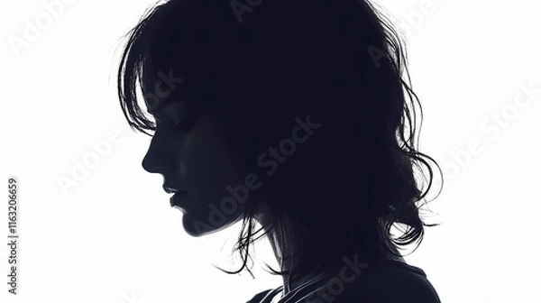 Obraz Silhouette of an adult woman with shoulder-length hair, seen from the side on a white background, looking down and wearing casual clothes