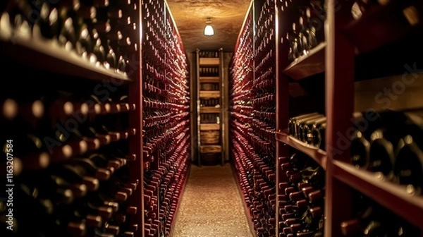 Fototapeta Wine racks filled with bottles in a storage room, creating a sense of abundance and variety