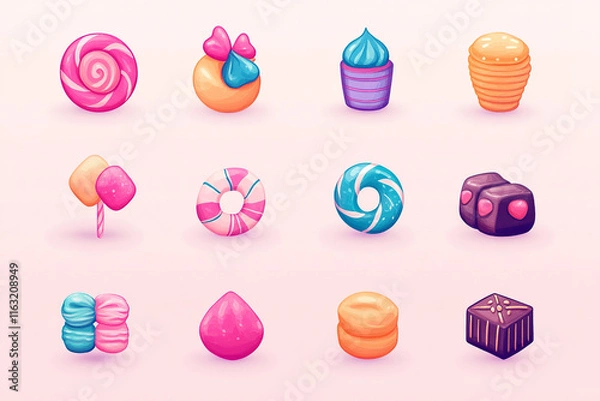 Fototapeta The image is a collection of 12 colorful, cartoon-style candy icons arranged in a 4x3 grid against a light pink background