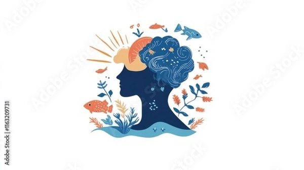 Fototapeta A stylized silhouette of a person with elements of nature and the ocean, symbolizing creativity.