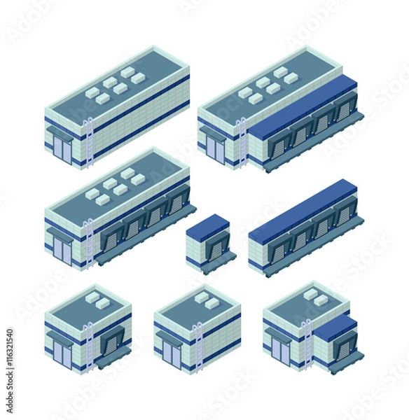 Fototapeta Isometric factory building vector icon. Industrial building infographic element isometric industrial factory, Some warehouse industrial symbol. Architecture house exterior cityscape