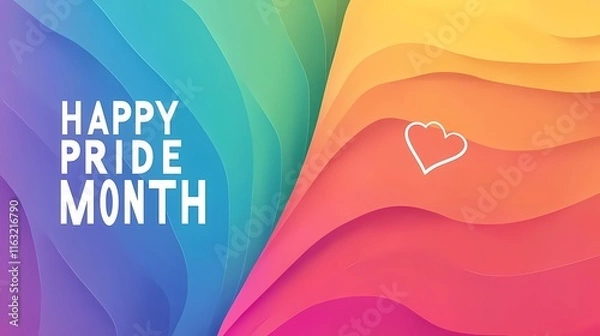 Obraz Pride Day themed rainbow gradient background with the text "HAPPY PRIDE MONTH" and an outline of a heart in white on one side, minimal design