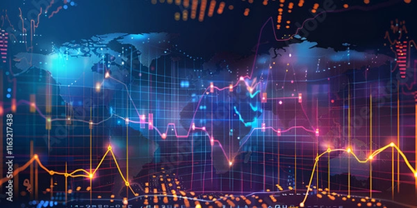 Obraz Global data visualization with financial trends and glowing charts, Futuristic world map overlay with analytics

