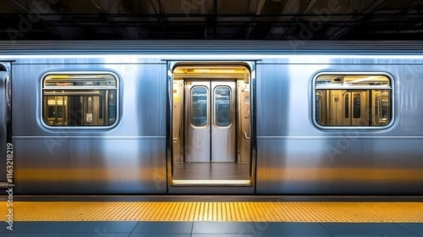 Obraz Silver subway train door open with the platform visible in front of it