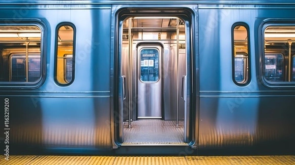 Obraz Silver subway train door open with the platform visible in front of it