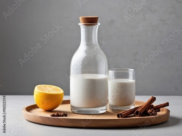 Fototapeta A glass of of milk and bottle with cinnamon stick.