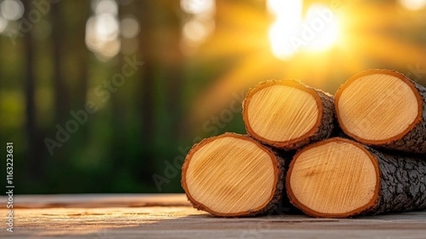 Fototapeta Sunlit Logs in Forest:  A stack of cut tree logs sits on a wooden surface, bathed in the warm glow of the setting sun, with a blurred forest background.