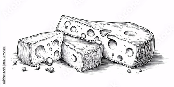 Obraz Pen and ink illustration of three pieces of swiss cheese,