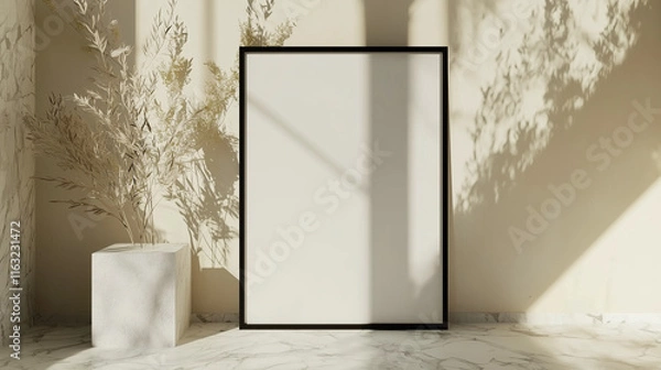 Fototapeta A sophisticated mockup with a black-frame poster, complemented by textured beige walls, marble floors, and artistic plant shadows enhancing the minimalistic elegance.