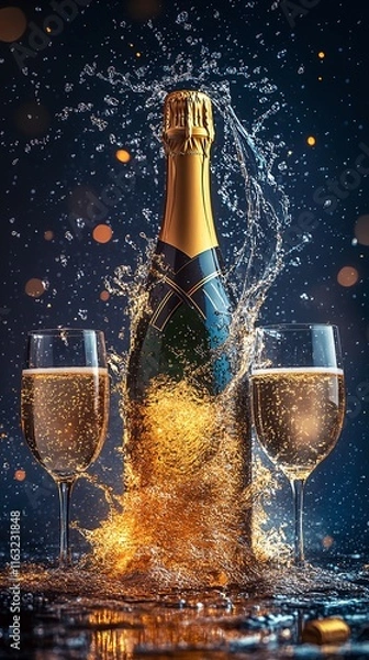 Fototapeta A bottle of champagne with eruption of wine from the through as a sea wave