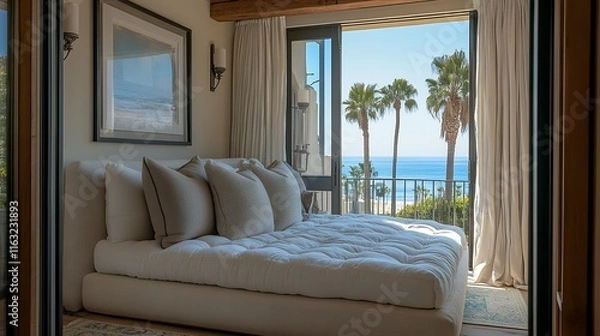 Fototapeta comfy couch bed of a Luxury San Diego La Jolla home with views of palm trees