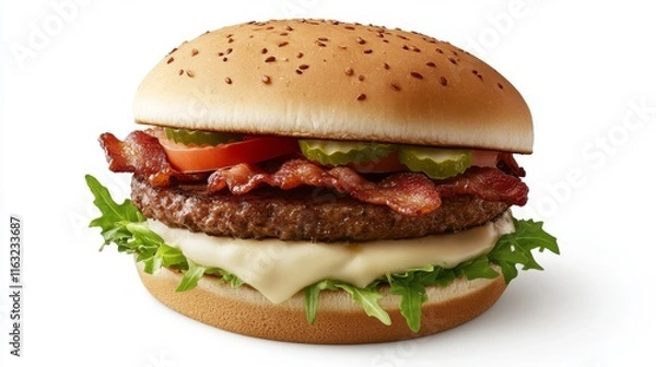Fototapeta A mouthwatering close-up of bacon cheeseburger, showcasing layers of crispy bacon, melted cheese, and fresh toppings against a rustic backdrop.