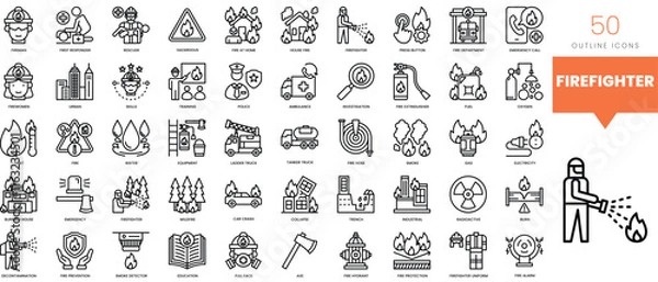 Fototapeta Set of minimalist linear firefighter icons. Vector illustration