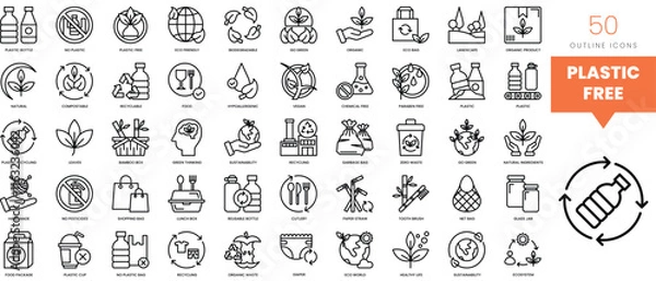 Fototapeta Set of minimalist linear plastic free icons. Vector illustration