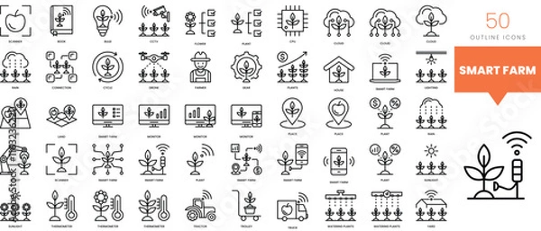 Fototapeta Set of minimalist linear smart farm icons. Vector illustration