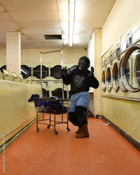 Obraz Funny Gorilla Dancing to Music Doing Laundry