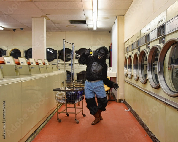 Obraz Funny Gorilla Dancing to Music Doing Laundry