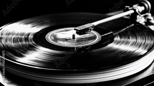 Obraz Close-up of a vinyl record spinning on a turntable.