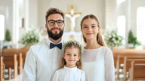 Fototapeta family celebrating their child first communion in church setting, showcasing joy and togetherness. father, mother, and daughter are dressed elegantly, highlighting this special occasion