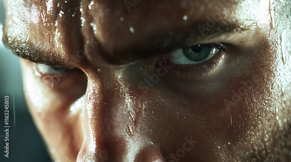 Fototapeta hyper realistic close up of determined man face, showcasing intense expression and glistening skin. focus on his piercing eyes conveys strength and resilience
