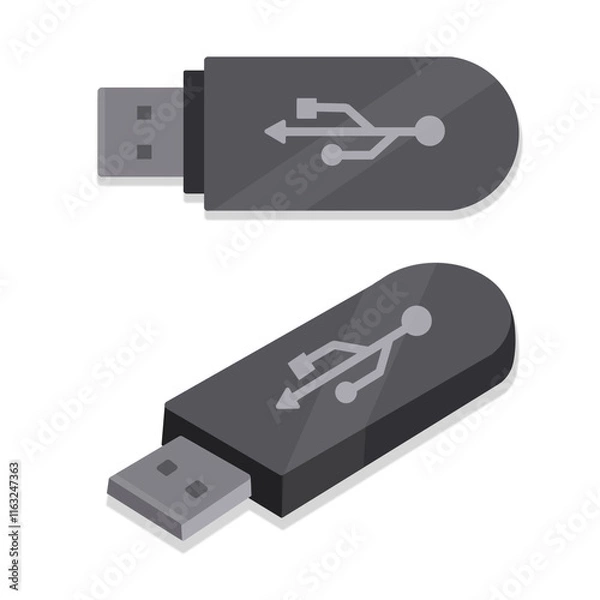 Obraz USB flashdisk vector isolated on white background. USB flashdisk data with different view. Flash disk with a sign of connection. Isometric flashdisk in cartoon style. Data transfer vector. Flash drive