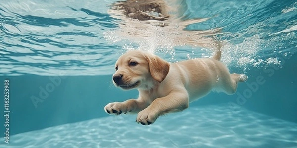Fototapeta Underwater photo of golden labrador retriever puppy in outdoor swimming pool play with fun - jumping and diving deep down. Activities and games with family pets and popular dog on summer holiday.