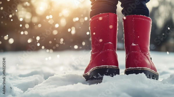 Obraz Close up of child feet in bright red winter boots standing in snow, surrounded by falling snowflakes, capturing joyful winter moment