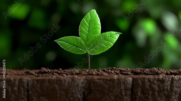 Fototapeta New Life Sprouting: A vibrant green seedling emerges from rich dark soil, symbolizing growth, new beginnings, and the promise of the future. 