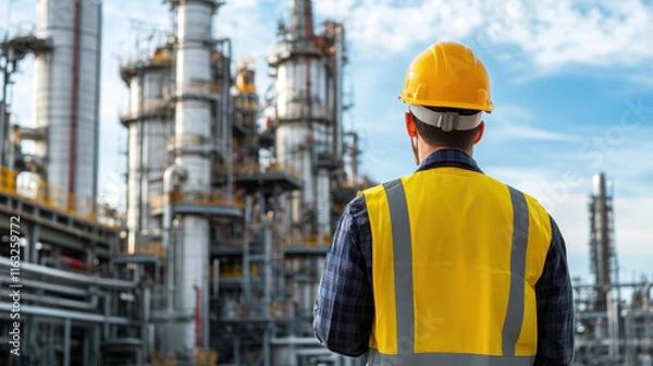 Fototapeta worker in yellow safety vest and helmet observes industrial site, showcasing complex of tall structures and machinery under blue sky