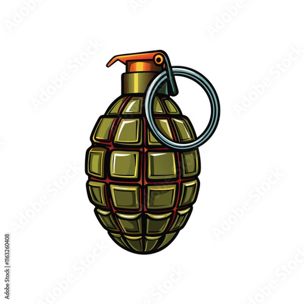 Fototapeta A detailed close-up of a classic hand grenade, showing its pin, lever, and body texture.  Focus on the metallic components and the overall explosive device.