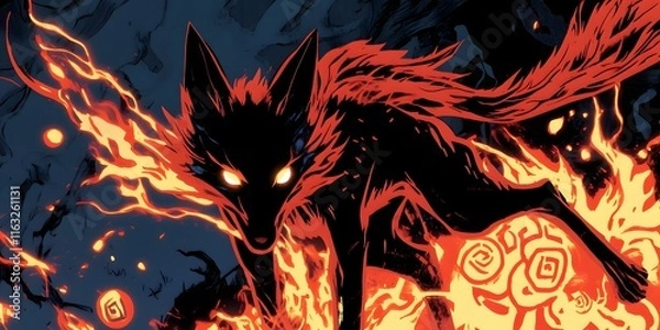 Fototapeta Nine-tailed demon fox unleashes fiery energy in a dark forest, showcasing a blend of mythical power and elegance. Generative AI